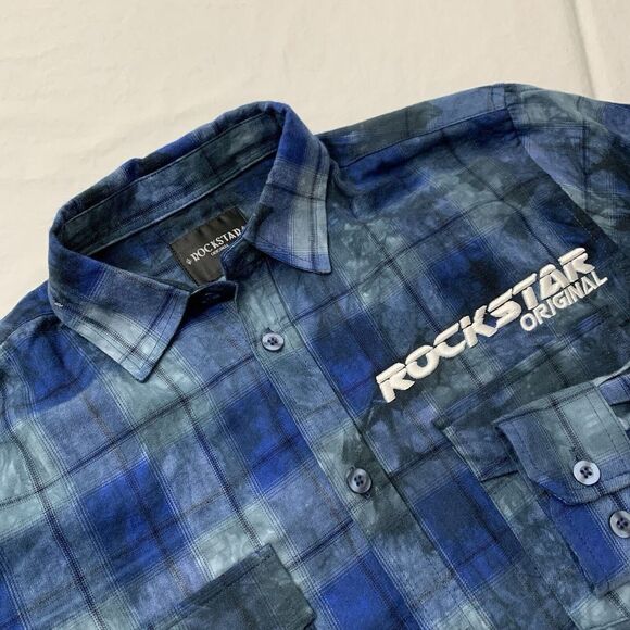 Rockstar Original Men's Blue Plaid Flannel Button Down Shirt Embroidered Size XS - Picture 1 of 10